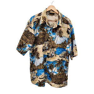 Vintage Sword Samurai Hawaiian Shirt Mens XXL Japanese Floral Polyester Silk